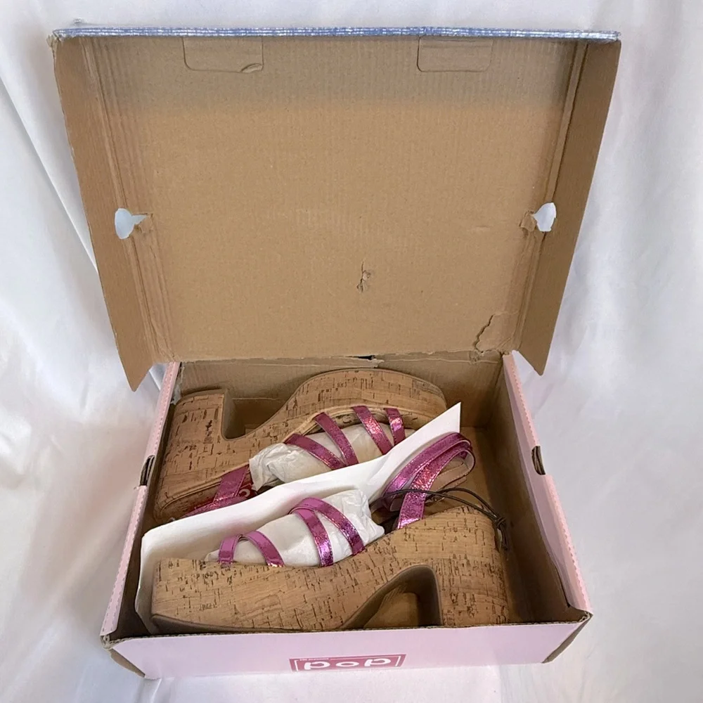 NIB POP Admission Metallic Pink Cork Heeled Sandals - Picture 13 of 14